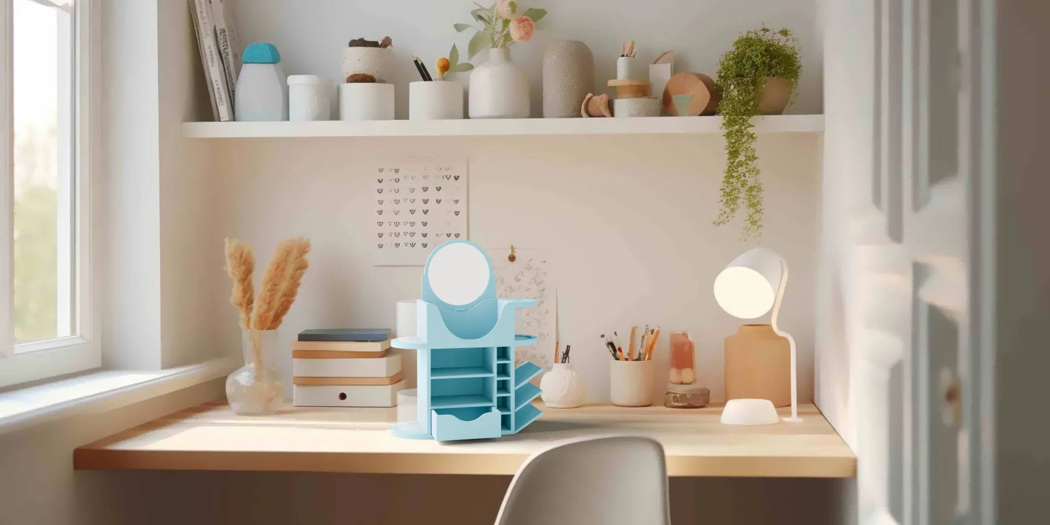 NeetNook light blue organizer in a dorm desk scene