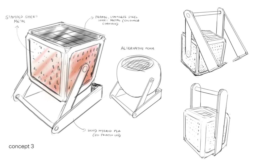 Concept 3: stamped sheet metal construction, stainless steel frame with perforated panels, alternative globe form variant