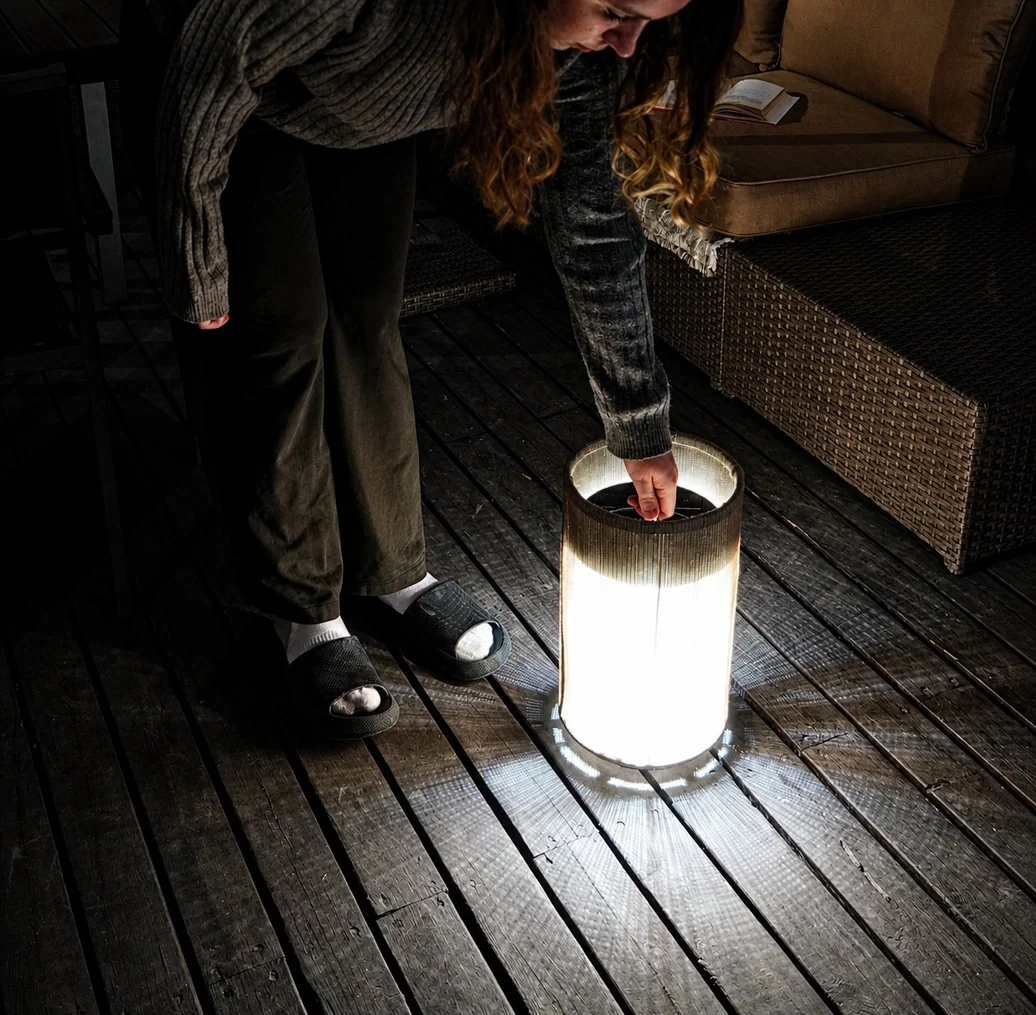 Pelma lit at night in stationary mode — warm glow from the LED
