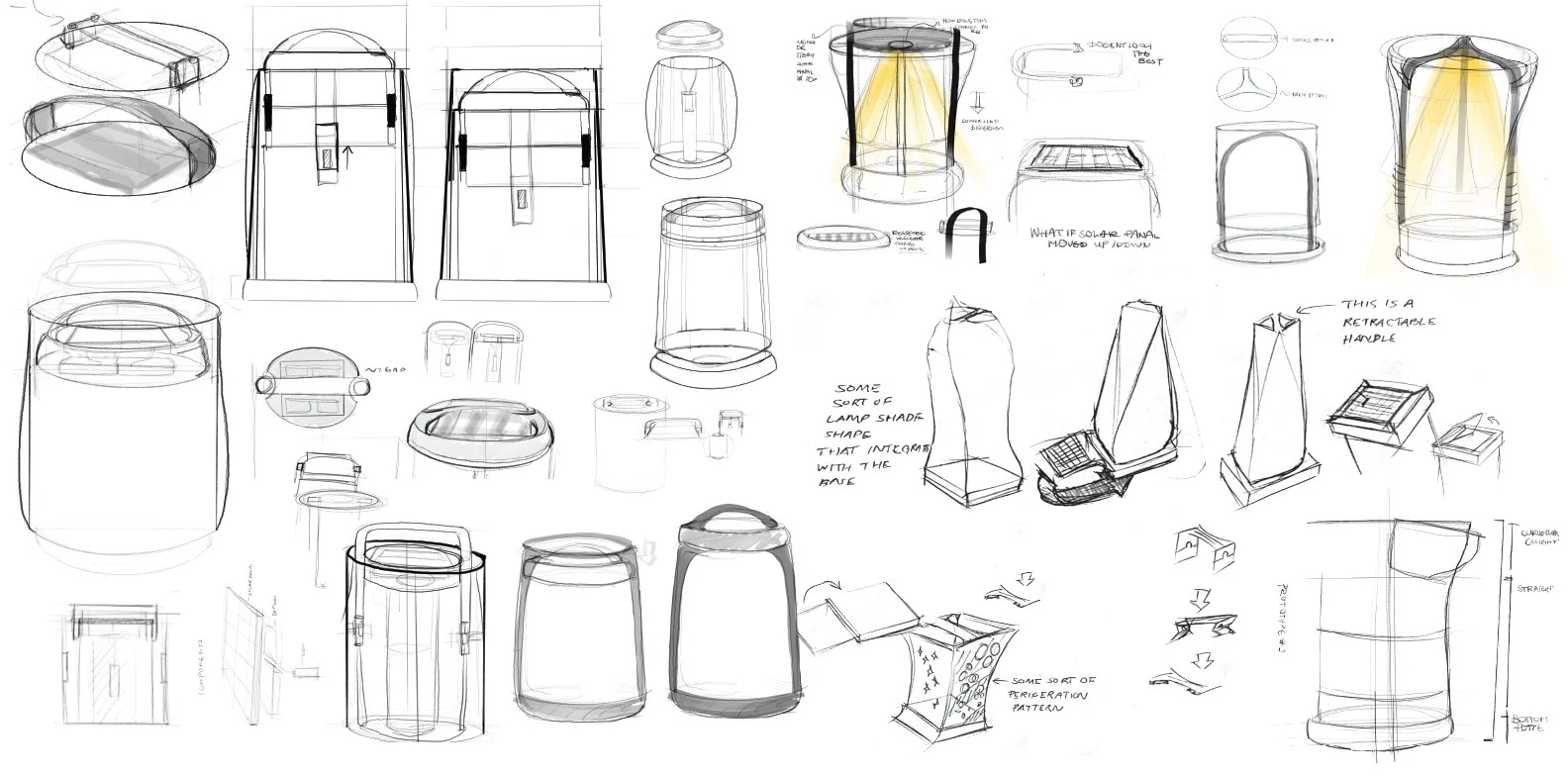 Ideation sketches exploring a wide range of lamp forms, handle mechanisms, shade shapes, and solar panel configurations