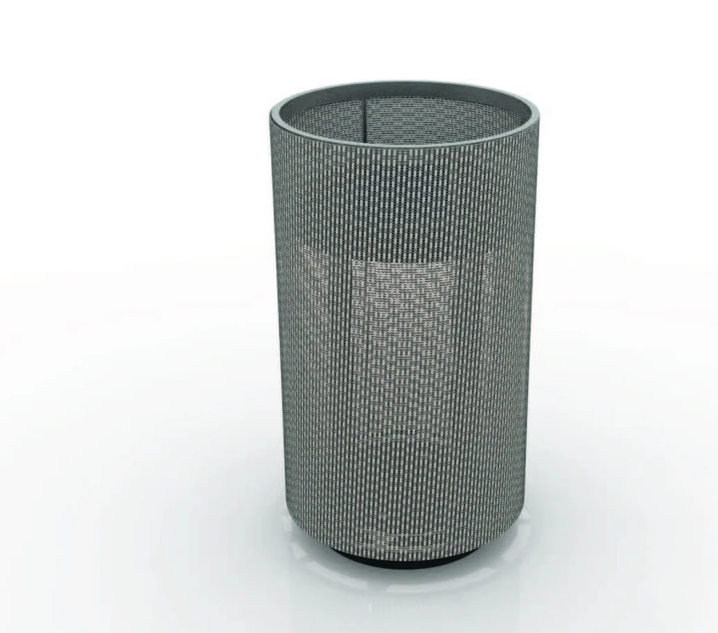 Front render of Pelma in stationary mode — handle flush, woven shade wrapping the cylindrical frame