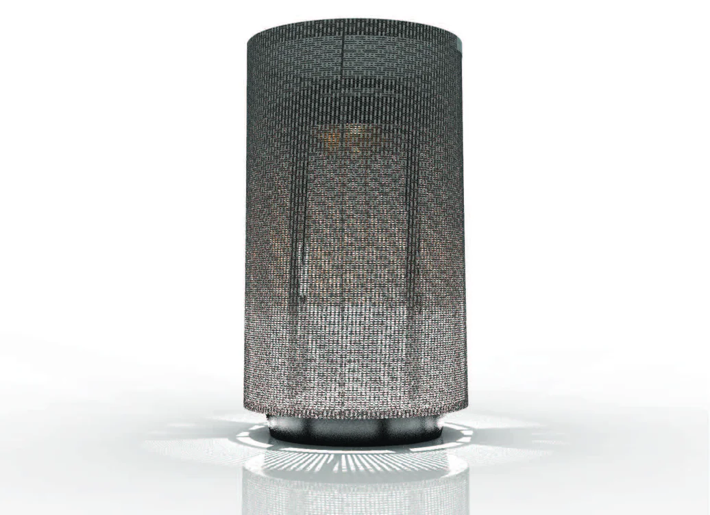 Render of Pelma lamp — stationary mode, woven fabric shade glowing warmly