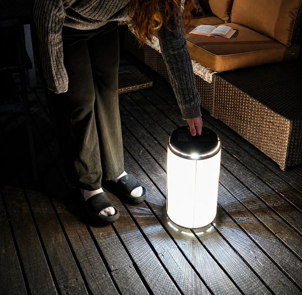 Pelma lit at night in carry mode — handle raised, lamp glowing