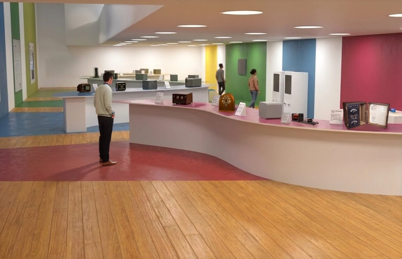 Interior walkthrough of the Radios in Canada exhibition — spline timeline and colour-coded era zones