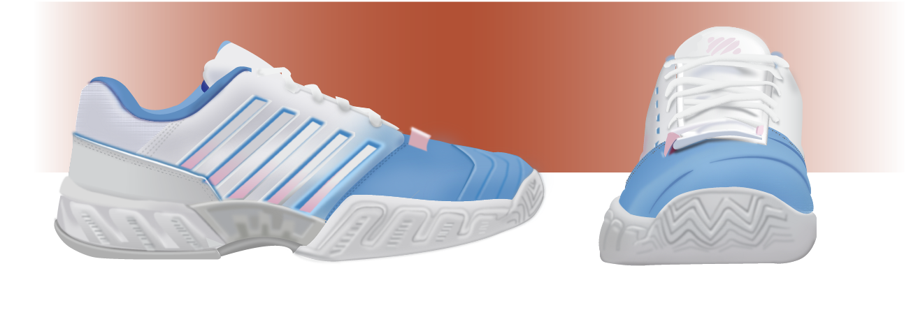 Orthographic vector illustration of a performance tennis shoe, shown in side and front views