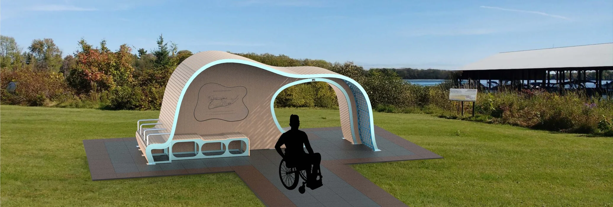 Sitting with Nature — arched cedar and HDPE shelter set in the conservation landscape at Baxter Beach, with a wheelchair user approaching