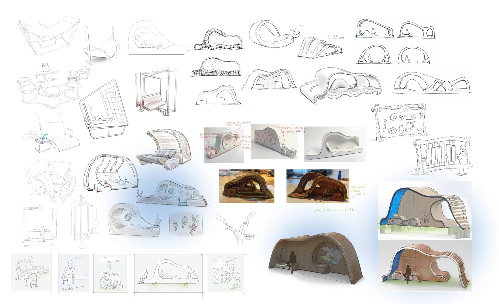 Ideation process spread — sketches, physical mockups, storyboards, digital concepts, and structural development