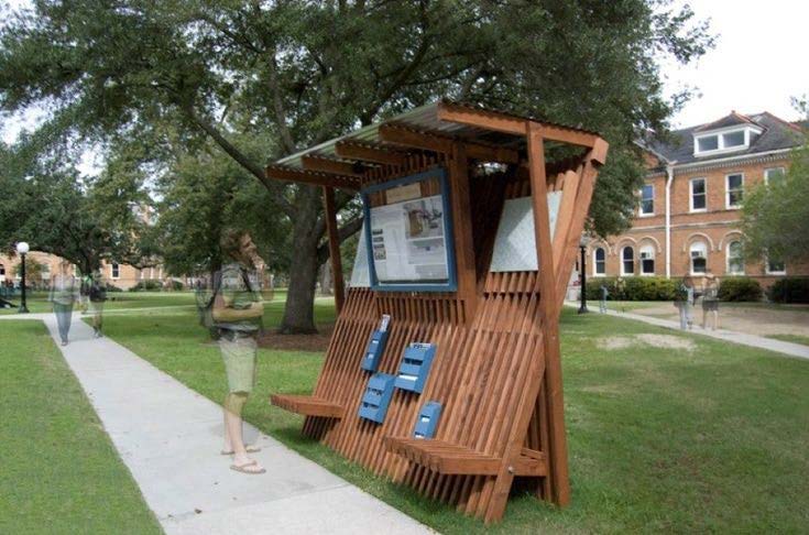 Wooden outdoor information kiosk and shelter structure