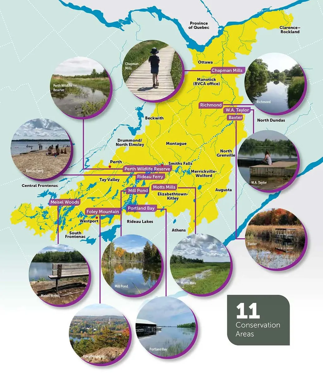 RVCA watershed map showing 11 conservation areas across the Rideau Valley