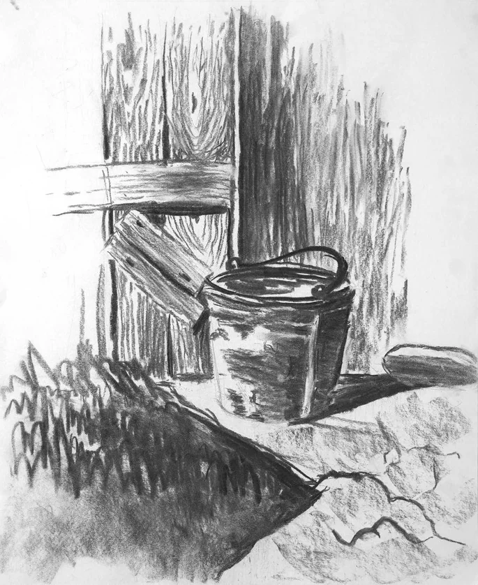 Bucket and fence charcoal drawing