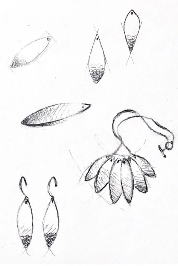 Sketches exploring earring and necklace shapes inspired by pinecones