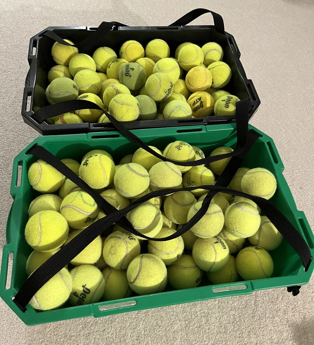 Crates of collected dead tennis balls before washing