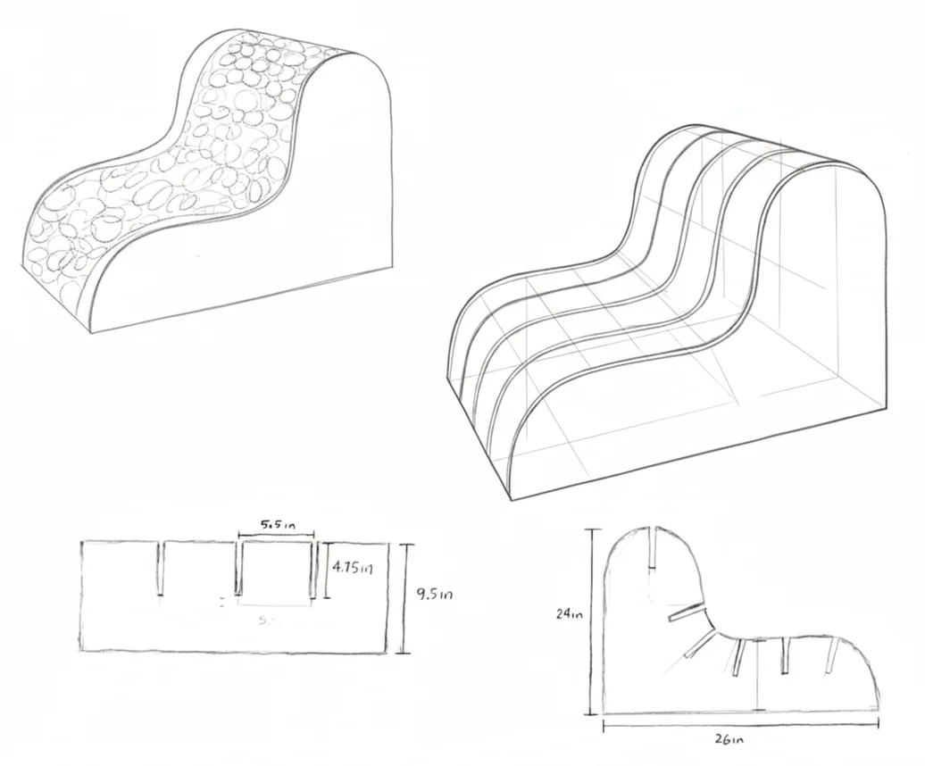 Design sketches for the tennis ball chair, with dimensions